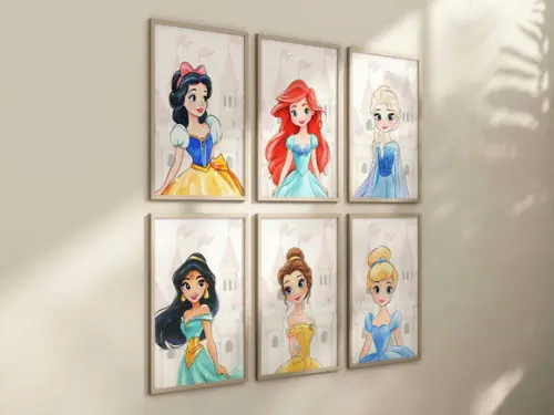 Kit 6 Quadros Decorativo Moldura Princesas Moderna A4
