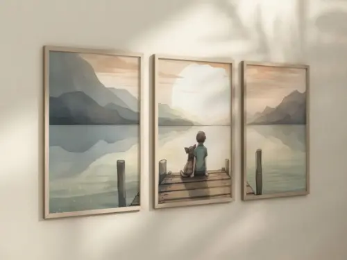 Kit 3 Quadros Decorativo Menino Aventureiro Cachorro
