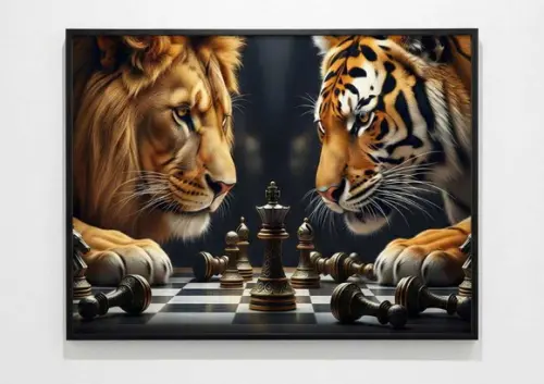 1 Quadro Decorativo Leão e Tigre Jogando Xadrez A2 40x60