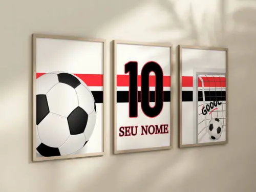 Kit 3 Quadros Futebol Nome Branco Vermelho Preto A4 24x34
