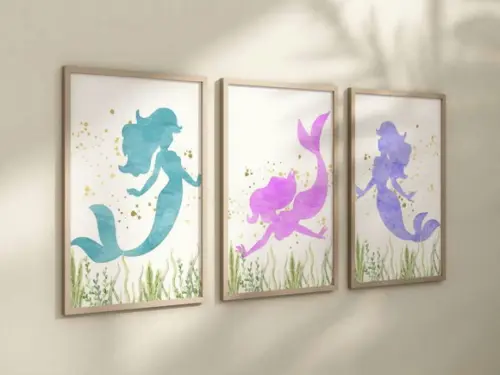 Kit 3 Quadros Decorativo Sereia Minimalista Infantil
