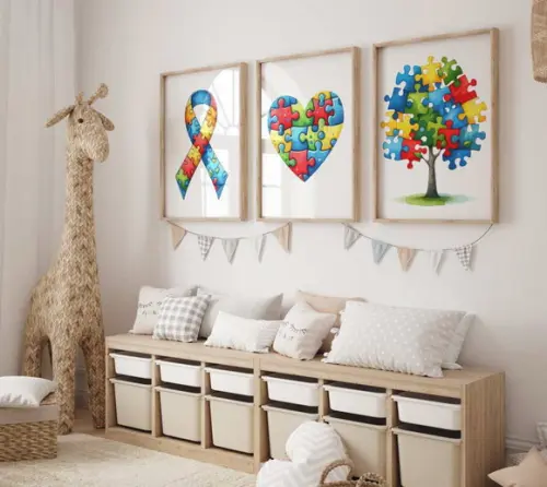 Kit 3 Quadros Decorativos Moldura Consciência Autismo Decora