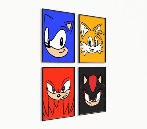 Kit 4 Quadros c/ Moldura Sonic Personagens Minimalista