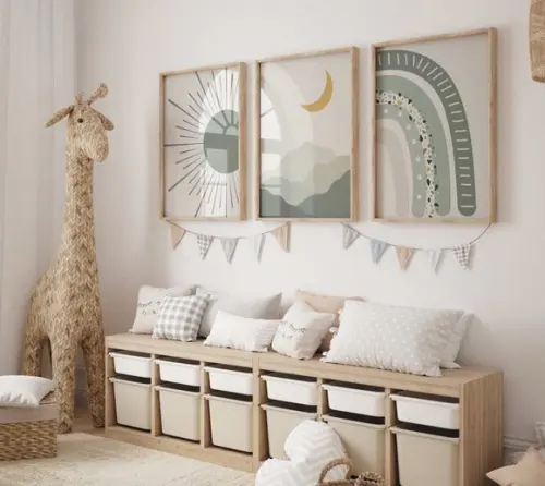 Kit 3 Quadros Decorativos Boho Sol Arco-íris Lua A3