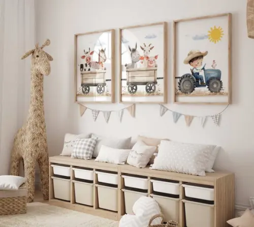 Kit 3 Quadros Decorativo Menino Carrinho Fazendinha A3