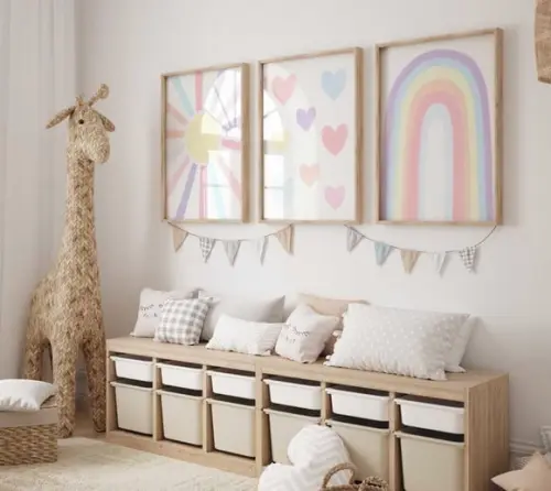 Kit 3 Quadros Moldura Boho Love Sol Arco-iris Cor Pastel A3