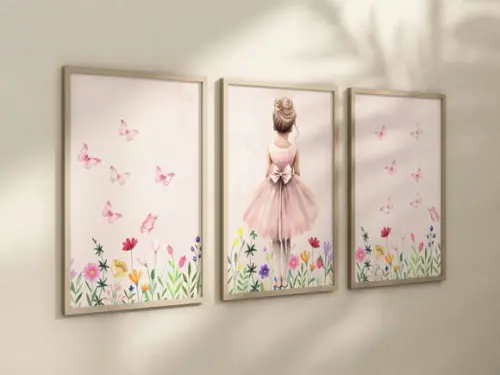 Kit 3 Quadros Decorativos com Moldura Bailarina Menina Balé