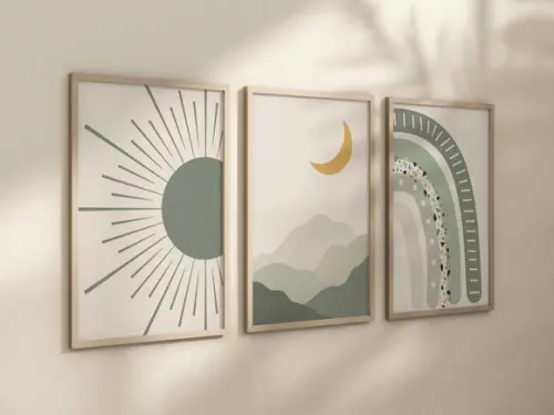 Kit 3 Quadros Decorativos Boho Sol Arco-íris Lua A4