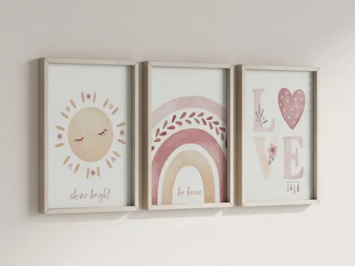 Kit 3 Quadros Decorativo Moldura Boho Love Sol Arco-iris