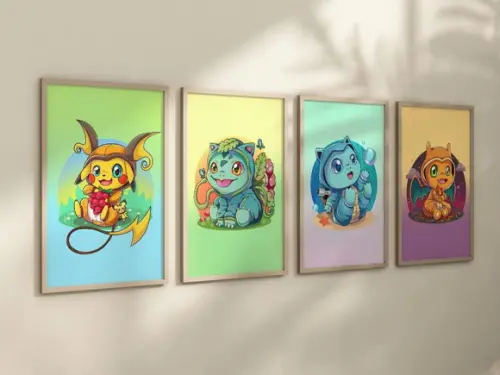 Kit 4 Quadros Decorativos Moldura Pokémon Decorar Baby