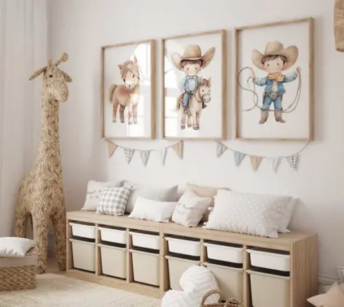 Kit 3 Quadros Decorativo Moldura Menino Fazendinha Cowboy A3