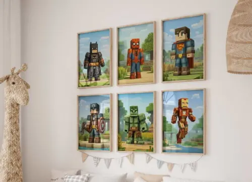 Kit 6 Quadros Decorativos Moldura Minecraft Super-heróis A3