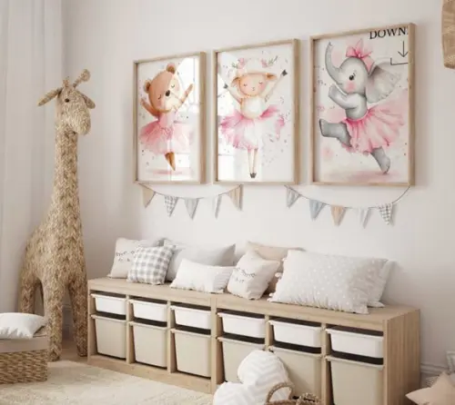 Kit 3 Quadros Decorativos Animais Menina Bailarina A3