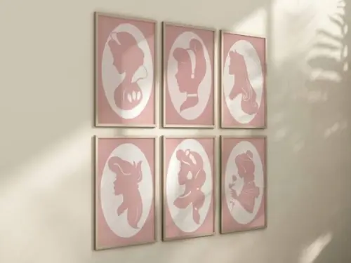 Kit 6 Quadros Decorativo Moldura Princesas Minimalista A4