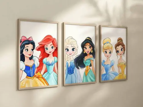 Kit 3 Quadros Decorativo Moldura Princesas Moderna A4