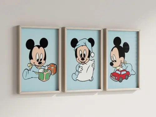 Kit 3 Quadros Decorativos Moldura Mickey Baby Maternidade