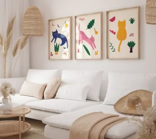 Kit 3 Quadros Decorativos Moldura Gato Minimalista A3