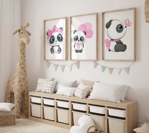 Kit 3 Quadros Decorativo Moldura Ursinhas Panda Rosa A3