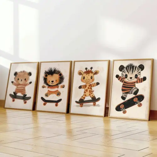 Kit 4 Quadros Decorativos Moldura Bebe Safari Skate Animal