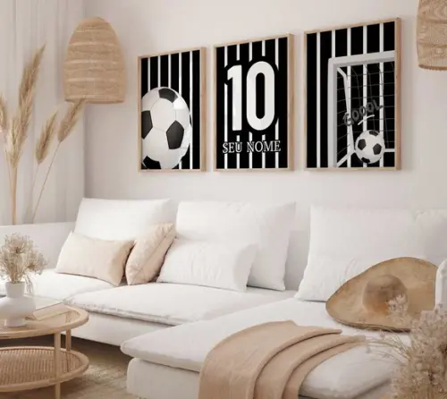Kit 3 Quadros Decorativos Futebol Nome Preto Branco A3