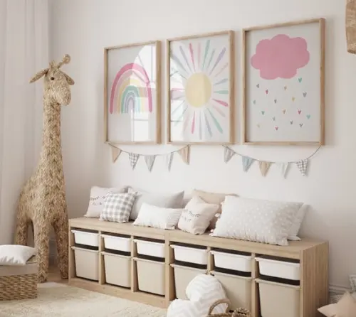Kit 3 Quadros Boho Arco-iris Sol Nuvem Infantil Decora A3