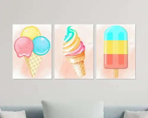 Kit 3 Placas Quadros Decorativos Sorvete Sorveteria Picolé