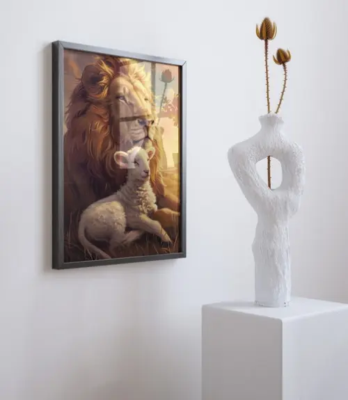 Quadro Decorativo com Moldura Leão e Ovelha Bom Pastor A3 B