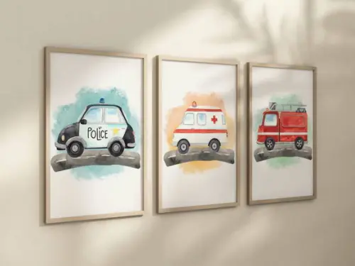 Kit 3 Quadros Carrinho Ambulância Polícia Bombeiro Bebê A4