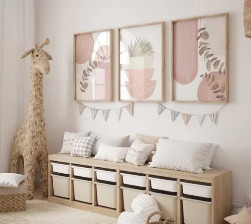 Kit 3 Quadros Decorativo Boho Rosa Minimalista A3