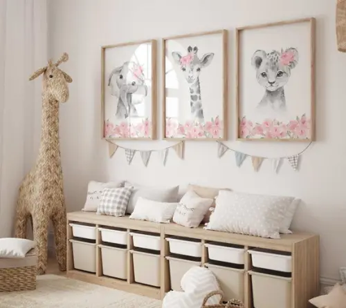 Kit 3 Quadros Decorativos Moldura Bebe Safari Menina A3
