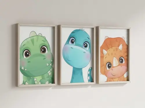 Kit 3 Quadros Decorativos Moldura Dinossauro Baby