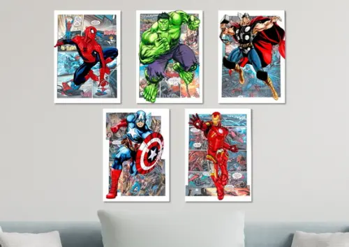 Kit 5 Placas Decorativas Quadro Super-heróis Quadrinhos