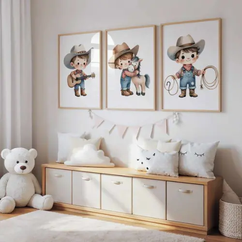 Kit 3 Quadros Decorativo Moldura Menino Fazendinha Cowboy A2