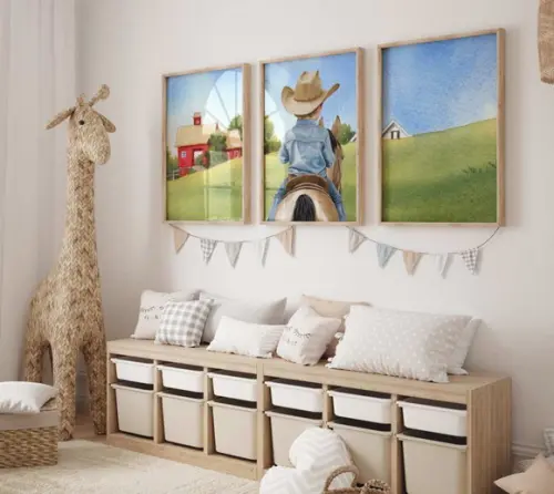 Kit 3 Quadros Decorativo Menino Aquarela Cavalo A3