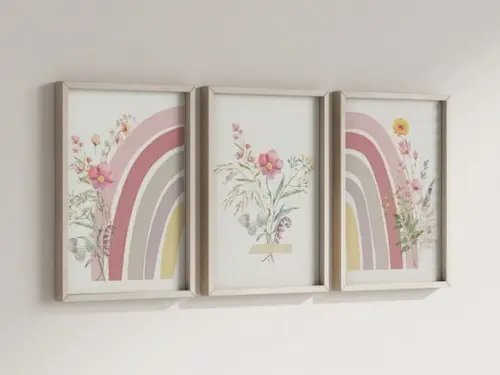 Kit 3 Quadros Boho Flores Arco-iris Quarto Infantil