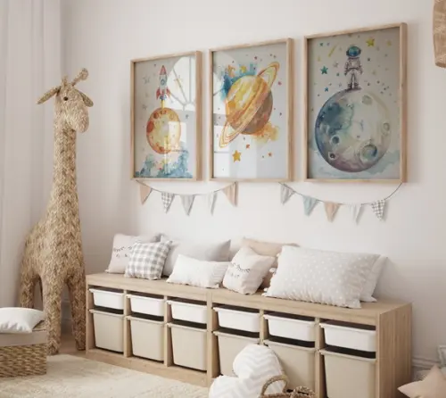 Kit 3 Quadros Decorativo Moldura Astronauta Infantil A3