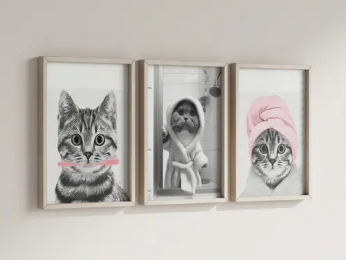 Kit 3 Quadros Decorativos Moldura Gato Banho Banheiro
