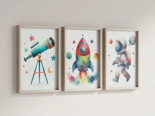 Kit 3 Quadros Decorativo Moldura Astronauta Infantil