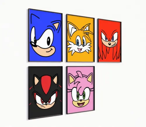 Kit 5 Quadros c/ Moldura Sonic Personagens Minimalista