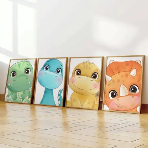 Kit 4 Quadros Decorativos Moldura Dinossauro Baby Grande A3