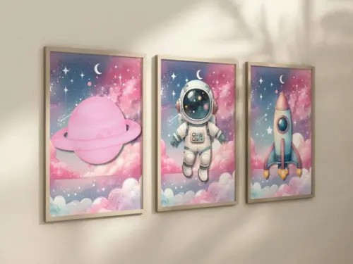 Kit 3 Quadros Decorativo Moldura Astronauta Menina A4