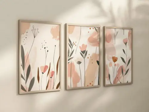 Kit 3 Quadros Decorativo Moldura Flores em Aquarela A4
