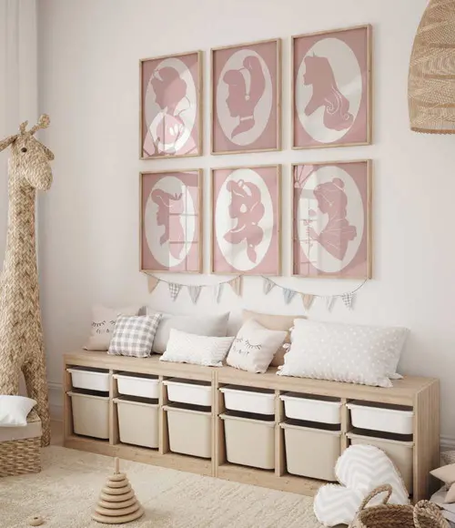 Kit 6 Quadros Decorativo Moldura Princesas Minimalista A3
