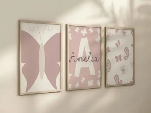 Kit 3 Quadros Moldura Borboleta Berçário Flores c 24x34