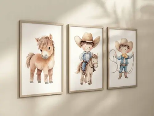 Kit 3 Quadros Decorativo Moldura Menino Fazendinha Cowboy A4