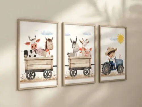 Kit 3 Quadros Decorativo Menino Carrinho Fazendinha A4