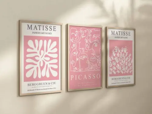 Kit 3 Quadros Decorativos Moldura Matisse Picasso Rosa A4