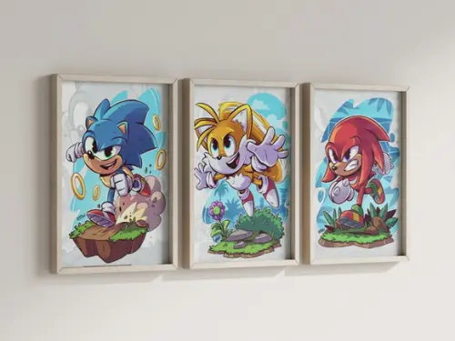 Kit 3 Quadros Decorativos Moldura Sonic Tails Knuckles