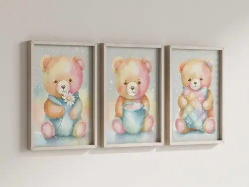 Kit 3 Quadros Decorativos Moldura Ursinho Pelúcia Arte