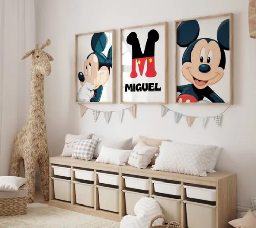 Kit 3 Quadros Decorativos Moldura Mickey Personalizado A3